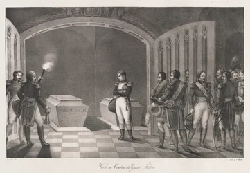 Besøg i Frederik den Stores grav tidligt 1800-tallet (litho)