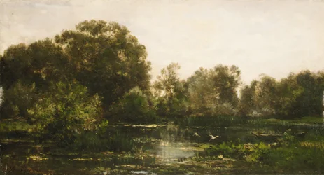 Et flodlandskab med storke, 1864.