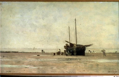 ""Seascape"" En sejlbåd på sandet ved lavvande. Maleri af Charles Francois Daubigny (1817-1878) 1868-1872 Pushkin Museum, Moskva