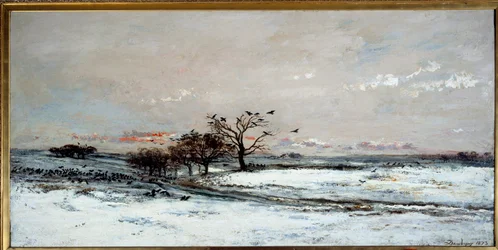 Snelandskab i den nedgående sol. Maleri af Charles Francois Daubigny (1817-1878)