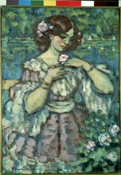 Pige med en rose. Maleri af Charles Guerin (1875-1939)