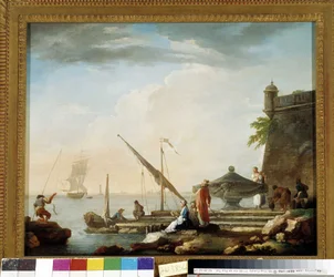 Middelhavshavn ved springvandet. Maleri af Charles Francois Grenier de la Croix dit Lacroix de Marseille (1720-1782) Privat samling, Marseille.
