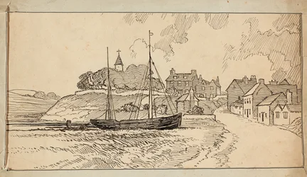En sejlbåd på stranden ved lavvande, ved en bane, der fører op mod en landsby
