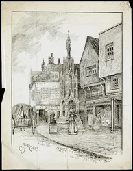 En udsigt fra den nordvestlige del af Butter Cross, High Street, Winchester, Hampshire (pen og blæk på papir)