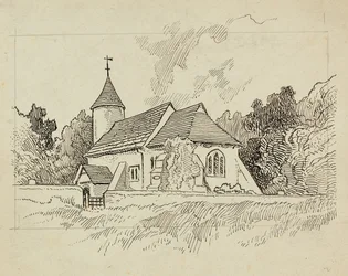Udvendigt billede af en uidentificeret kirke (pen og blæk på papir)