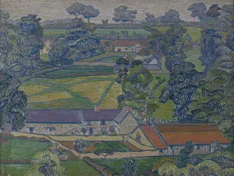 Landskab med bondehuse, ca. 1912-13 (olie på lærred)