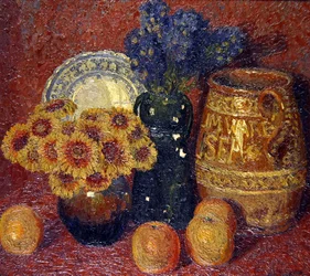 Stilleben - Blomster, keramik og æbler (olie på lærred)