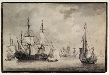 Hollandsk krigsskib, statsyacht og fjerntliggende skibe i en havn, slutningen af det 18. århundrede (pen, blæk)