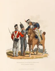 3. husarer, infanteri og let infanteri. Kongens tyske legion, ca. 1815 (akvatint)