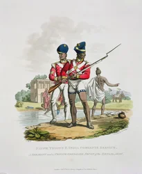 Indfødte tropper i det østindiske kompagnis tjeneste: en sergent og en menig grenader-sepoy fra den bengalske hær, indgraveret af Joseph Constantine Stadler, 1815 (akvatint)