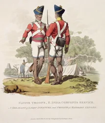 Indfødte tropper i det østindiske kompagnis tjeneste: en sergent for let infanteri og en menig fra Madras Sepoys, indgraveret af Joseph Constantine Stadler, 1815 (akvatint)