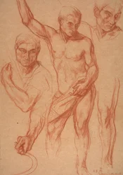 Mandsfigurstudie med genstudier af hoved, arme, skuldre og ben (skitser til midterpanelet af "Autumn"), 8. april