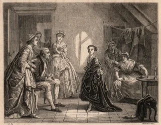 Mademoiselle Clairons barndom: den unge Claire-Josephe (Claire Josephe) Leris (1723-1803) reciterer versene fra skuespillet, hun lige har set. Hun blev komiker under navnet "Mademoiselle Clairon" eller ""La Clairon". Indgravering af 1862 fra maleriet