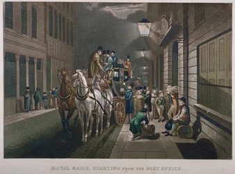 Postvogn uden for General Post Office, Lombard Street, City of London, 1827