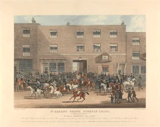 Steeple-chasing [sæt med seks]: St. Albans Grand Steeple Chase. / 8. marts 1832. Plade 1. Forberedelse til start ...