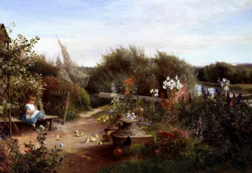 I haven. I en have sidder en lille pige på en bænk og giver frø til kyllinger. Maleri af Charles James Lewis (1830-1892, britisk) Privat samling