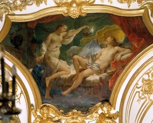 Psyche løfter sin lampe for at betragte sin ægtemand Eros (eller Kærligheden), loftsmaleri af Charles Joseph Natoire
