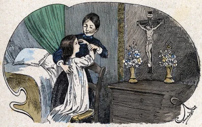 Korsets tegn. i "" Alle religiøse tilhørsforhold - jeg tror på guder"", sd., illustration af slutningen af det 19. århundrede af Jouvenot. Katekismusernes bibliotek. Paris. Leemage samling