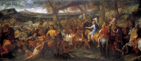 Alexander og Poros. I 327 f.Kr. fortsatte Alexander den Store sin erobring mod Indusdalen. I 326 f.Kr. besejrede han Puru (eller Poros, konge over Paurava-stammen i det 4. århundrede f.Kr.) og hans hær af krigselefanter i slaget ved Hydaspes.