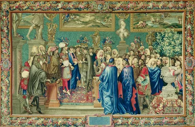 Publikum givet af Ludvig XIV (1638-1715) til greven af Fuentes, kongelig ambassadør for Filip IV af Spanien, ved Louvre, 24. marts 1662, Gobelins Workshop (tapet)