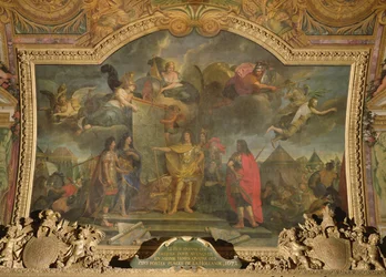 Kong Ludvig XIV (1638-1715) giver ordre om samtidig at angribe fire af de stærkeste hollandske stillinger i 1672, loftmaleri fra Galerie des Glaces