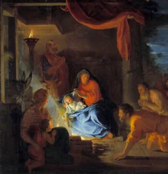 Hyrdernes tilbedelse. Detalje af et maleri af Charles Lebrun (Le Brun) (1619-1690) 1690 Søn. 1,51x1,17 m