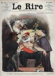 Emile Loubet - Gratis præsidentielle pensioner - hr. Loubet - Det er svært at få deres overbevisning ind i min hud! - (Charles Leandre (1862-1934) håner staten, kirken og hæren ved præsident LOUBETs seng, dækket med makoniske og andre tegn) karisk