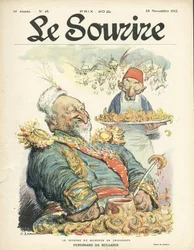Illustration af Charles Leandre (1862-1934) til forsiden af Le Smile, nr. 48, 28/11/12 - Croissantspiserens smil - Tyrkiet, Orienten, Balkan, Bulgarien - Ferdinand de Bulgaria