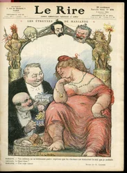 Illustration af Charles Leandre (1862-1934) til forsiden af ​​Le Rire, 03/01/14 - Les strennes de Marianne - Tribun - Clemenceau George, Jaures Jean, Briand Aristide, Marianne, Caillaux Joseph (1863-1944)