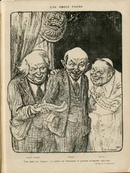 Illustration af Charles Leandre (1862-1934) i Le Rire, 03/06/22 - The Three Popes - England Storbritannien, U.S.R., Verifikatordatoer, Reichstag - Lenine, Lloyd George, Pius XI