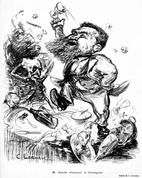 Jean Jaures danser og synger Carmagnole på et banketbord (formodentlig fuld) billede i Le Rire nr. 105 den 7. november