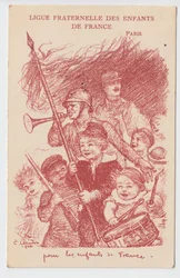 Postkort, satirisk i farver: Fraternal League of the Children of France - War of 14-18, Childhood, Patriotic Days Illustration af Charles Leandre (1862-1934)