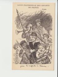 Postkort, satirisk i sort/hvid: Fraternal League of the Children of France - War of 14-18, Music, Childhood, Fraternal League of the Children of France - Soldiers Illustration af Charles Leandre (1862-1934)