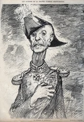Skuespillerne i den store Dreyfussianske komedie - Portræt af Raoul Le Mouton de Boisdeffre (General de Boisdeffre) (1839 -1919), fransk militær - tegnefilm af Charles Leandre (1862-1934) i "" Le Rire""" 1898