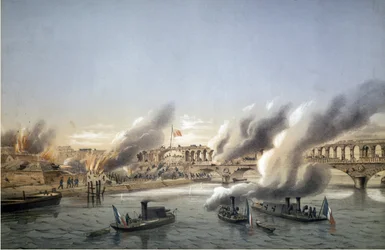 Kommune i Paris, Bloody Week. """" La Flotille de la Seine tvinger indgangen til Paris til Barricade du Point du Jour den 21. maj 1871 - indgraveret af Charles Leduc (1831-1911)
