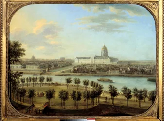 Les Invalides set fra Cours la Reine i Paris Maleri af Charles Grevenbrock (? -1758). 1738. 0,69 x 0,9 m Paris, Carnavalet Museum