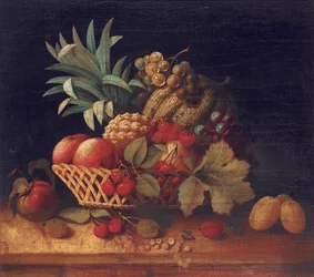 Druer, blommer, kirsebær, ferskner, et æble, en ananas og en melon i en flettet kurv