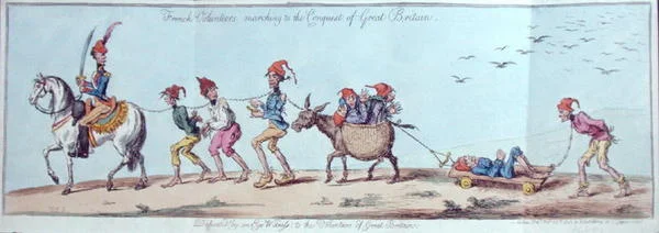 Franske frivillige marcherer til erobringen af Storbritannien, raderet af James Gillray (1757-1815), udgivet af Hannah Humphrey i 1803 (håndkoloreret radering)