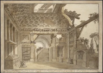 Design til malerierne i fader Lesueurs celle i klosteret Santissima Trinita dei Monti i Rom - Charles Louis Clerisseau (1722-1820). Pen, pensel, gråt og brunt blæk, hvid farve på papir, ca 1760. Mål: 36,9x53 cm. Statens Eremitage,