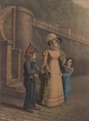 Dreng med en abe på skulderen modtager mønter fra en mor og datter, 1803-40.
