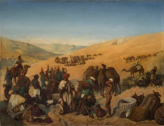 Standsning af karavaner ved brøndene i Saba Beersheba i ørkenen syd for Hebron, 1850.