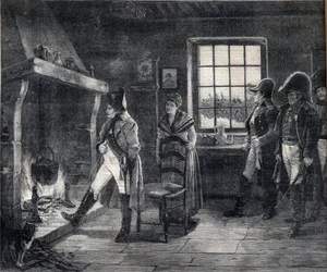 Kejser Napoleon I opvarmer sig ved en brænde i et snelandskab - Napoleon efter slaget ved Waterloo i 1814 - gravering efter maleriet af Charles Louis (Charles-Louis) Kratke (1848-1921)