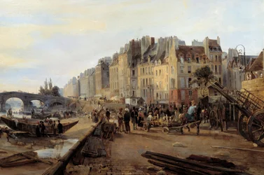Marie-broen og Saint Paul Havn omkring 1825. Udsigt over Paris. Detalje. Maleri af Charles Louis Mozin (1806-1862)