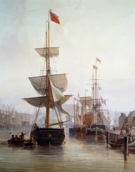 Skib i havnen i Rouen i 1855 Detalje. Maleri af Charle Louis Mozin (1806-1862) 1855 Rouen, Musee des Beaux Arts