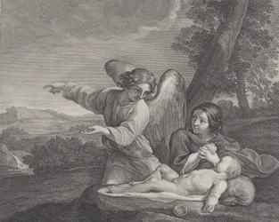 Englen viser sig for Hagar i ørkenen, mens hun folder sine hænder ved siden af søvnen..., 1700-28.