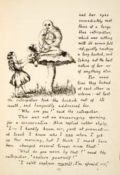 Alice får råd fra Blue Caterpillar, illustration fra Alices Adventures Under Ground, pub. 1886 (faksimile)