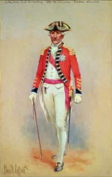 Sir William Howe, øverstbefalende for den britiske hær (1776-78) i fuld påklædning afmonteret