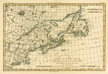 Eastern Canada, Newfoundland, Nova Scotia og St John Island, fra Atlas of All Known Parts of the Globe af Guillaume Raynal (1713-96), udgivet J L Pellet, Geneve, 1780 (farvet i