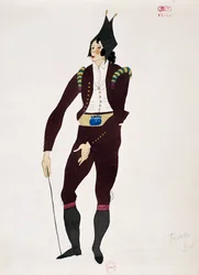 Kostume til Fiorellos karakter fra Barberen i Sevilla af Gioacchino Rossini, skitse af Charles Martin (1884-1934)