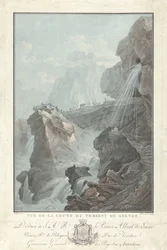 Udsigt over Gelten-vandfaldet Udsigt over Chute du Torrent de Gelten (titel på objekt) Bemærkelsesværdig udsigt over bjergene i Schweiz (serietitel)